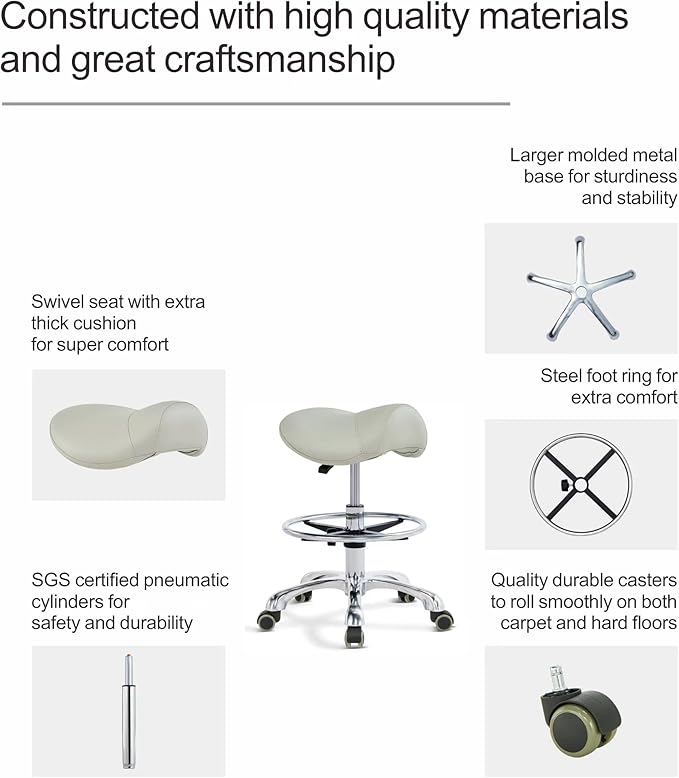 Grace&Grace Ergonomic Rolling Saddle Stool Chair with Wheels Adjustable Swivel Stool with Back and Footrest Heavy Duty for Esthetician, Artist, Dental, Medical, Spa, Salon, Cutting, Home Office