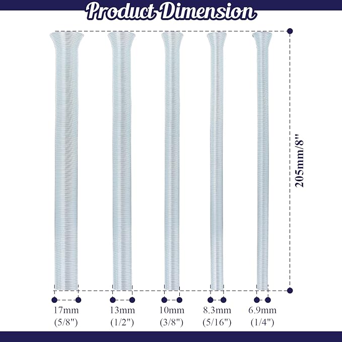 Spring Tubing Benders Kit for Pipe O.D. 1/4", 5/16", 3/8", 1/2", and 5/8", Tube Bender Set for Copper, Aluminum and Thin Wall Steel Tubing, 7.9" / 200mm Length, Pack of 5