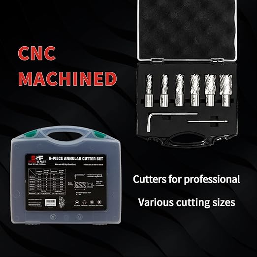 Annular Cutter Set 6 Pcs, Weldon Shank 3/4”, Cutting Depth 1”, Outside Diameter 1/2 to 1-1/16 Inch, Mag Drill Bits Kit for Magnetic Drill Press by S&F STEAD & FAST
