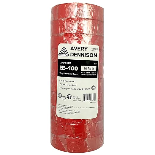 Avery Dennison Electrical Tape, 10 Rolls General Use PVC Electric Tape, UL/CSA Listed ¾ in x 66 ft Insulating Vinyl Tape for Electrical, Repairs, Automotive and Equipment, EE-100, Red