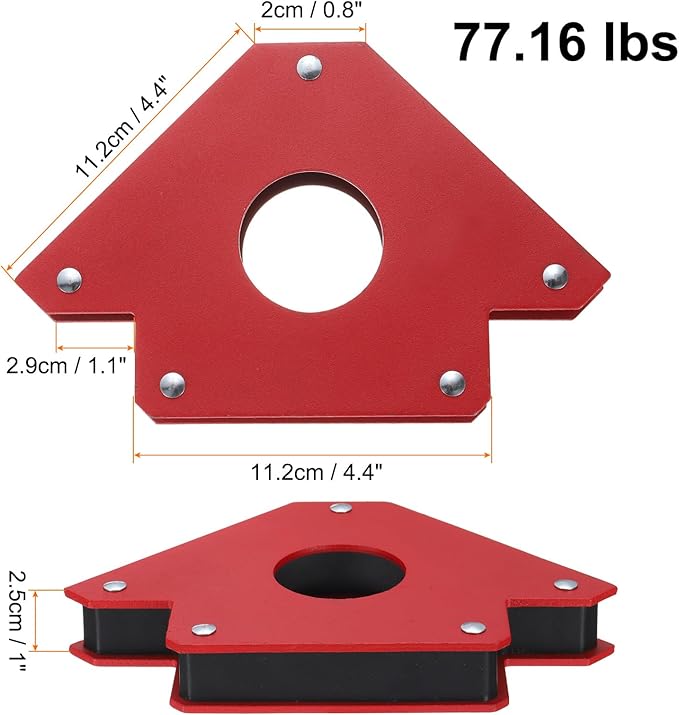 HARFINGTON 2pcs Welding Magnets 77.16 lbs Magnetic Welding Clamp Holder Iron Spray Paint Arrow-Shaped Tool 45, 90, 135 Degree with Center Hole for Fixed Angles, Red