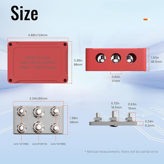 Joinfworld Heavy Duty 500A Bus Bar Waterproof Power Distribution Block with 4*5/16"(M8)+2*3/8"(M10) Studs 48V DC Automotive Marine Battery Terminal Distribution Block with Cover - Negative&Positive