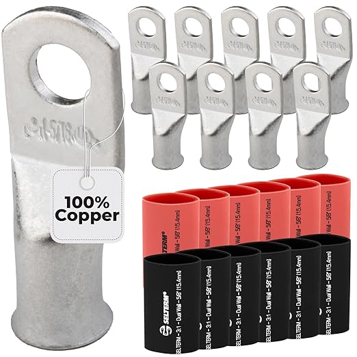 SELTERM 10pcs - 1 Awg - 5/16" Stud - Battery Lugs - Ring Terminal Connectors | with 12pcs 3:1 Black & Red Heat Shrink Tubing with Adhesive | Heavy Duty Battery Cable Ends - Tinned Copper Wire Lugs Kit