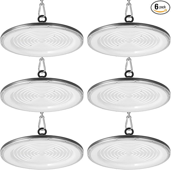 loyal LED High Bay Shop Lights: UFO Dimmable Commercial Lighting 6000K - for Warehouse Garage Workshop Gym,No Plug (500W, 6 Piece)