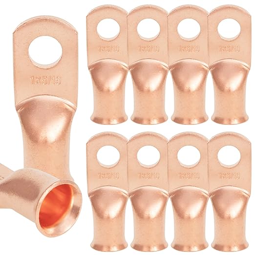 10PCS 1AWG - 5/16''Stud Heavy Duty Copper Terminals,Battery Cable Crimp Lugs,Battery Cable Ends,Bare Copper Eyelets Tubular Ring Terminals,Closed End Crimp Electric Connectors