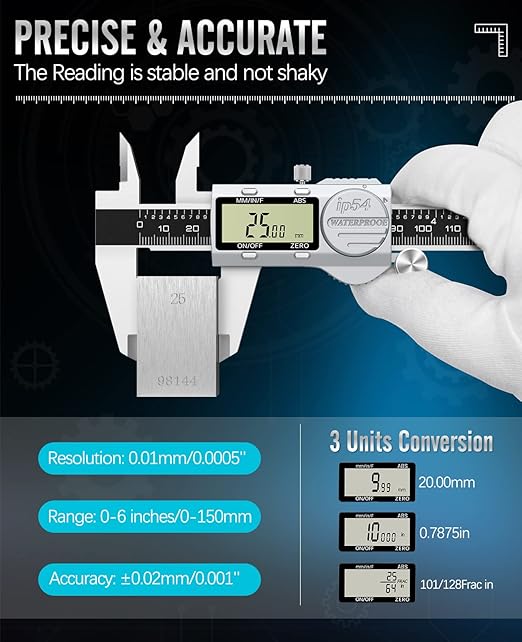 Digital Caliper 6 Inch, (ABS) Absolute Scale Caliper, IP54 Caliper Measuring Tool, Inch/MM/Fraction, Auto-Off LCD Stainless Steel Waterproof Micrometer Vernier Caliper, with Feeler Gauges