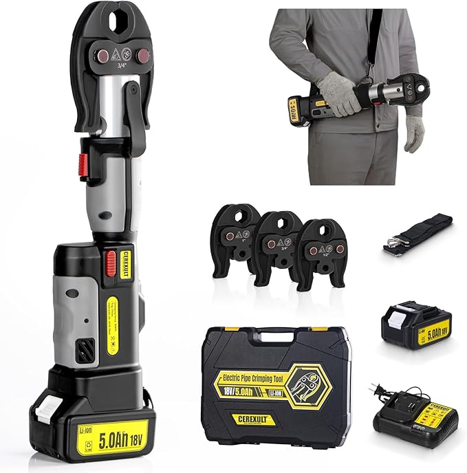 Electric Hydraulic Cable Lug Crimper Pliers, Rechargeable Crimping Tool, Straight-handled electric hydraulic pliers, Electrical Terminal Cable Wire Fiber Crimper Kit with 12 Dies, 8 AWG to 600 MCM
