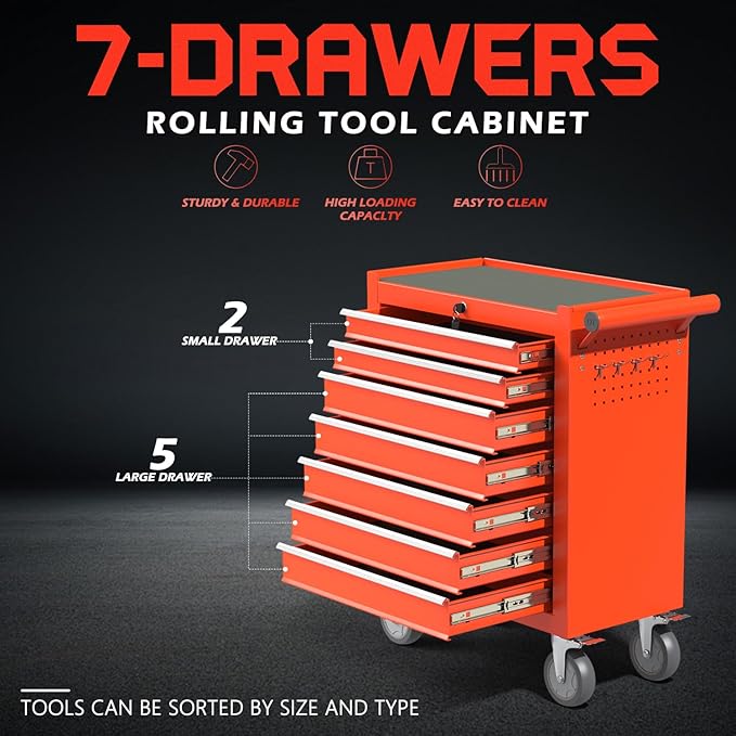 7-Drawer Rolling Tool Chest,Metal Rolling Tool Chest with Wheels and Locking Tool Box,Portable Metal Tool Box for Warehouse,Garage, Repair Shop, Workshop (Red, 7-Drawer)