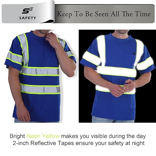 sesafety High Visibility Shirts for Men Class 3 Hi Vis Reflective Construction Shirts for Men with Pocket Safety T Shirt for Mens Work Shirt for Mens Short Sleeve Blue Yellow Strips