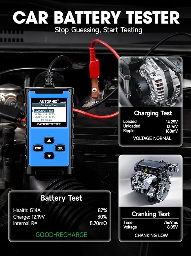 AUTOPHIX BAS100 Car Battery Tester 12V 24V, Accurate Automotive Load Meter Alternator Analyzer 100-2000 CCA Load Tester, Charging & Cold Cranking Test for Cars Truck Motorcycle Boat and More