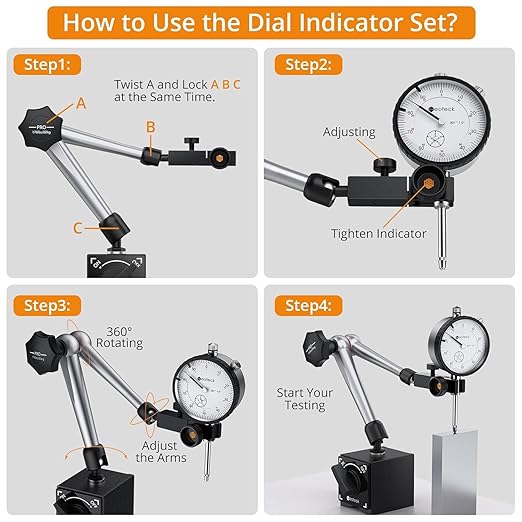 Neoteck 0-1 Inch Dial Indicator with Magnetic Base Holder, Storage Case, Graduation 0.001",176lbs (80kg) Max Pull, for 3D Printer Lathe Workshop Woodworking CNC Machine-Silver