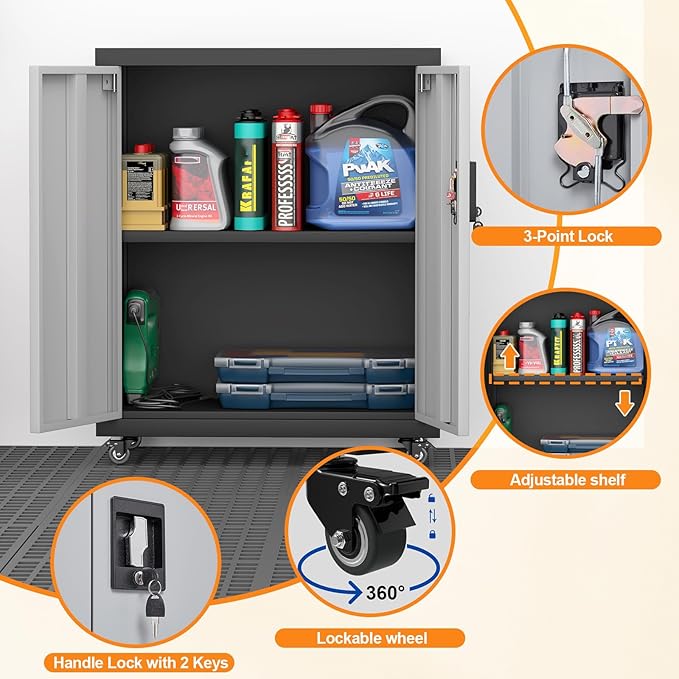 31.5''H Metal Garage Storage Cabinet with Wheels, Small Tool Storage Cabinets with Lock, Lockable Steel Rolling Tool Chest with Doors & Adjustable Shelves for Garage, Home, Office