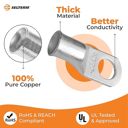 SELTERM 15pcs 2/0 AWG 1/2" Stud UL Marine Grade Battery Terminal Connectors Tinned Copper Battery Cable Lugs 00 Gauge Wire Connectors Electrical Battery Cable Ends Ring Terminals Tinned Copper Lugs