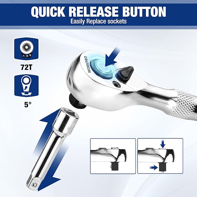 WORKPRO Stubby Ratchet & Bit Driver Set 16 PCS, 1/4", 3/8" Drive Ratchet Handle Wrench, 72-T Quick-Release Reversible Socket Wrench, 2 Socket Adapters, 2 Extension Bars, 10 PCS 1/4" Hex Bits