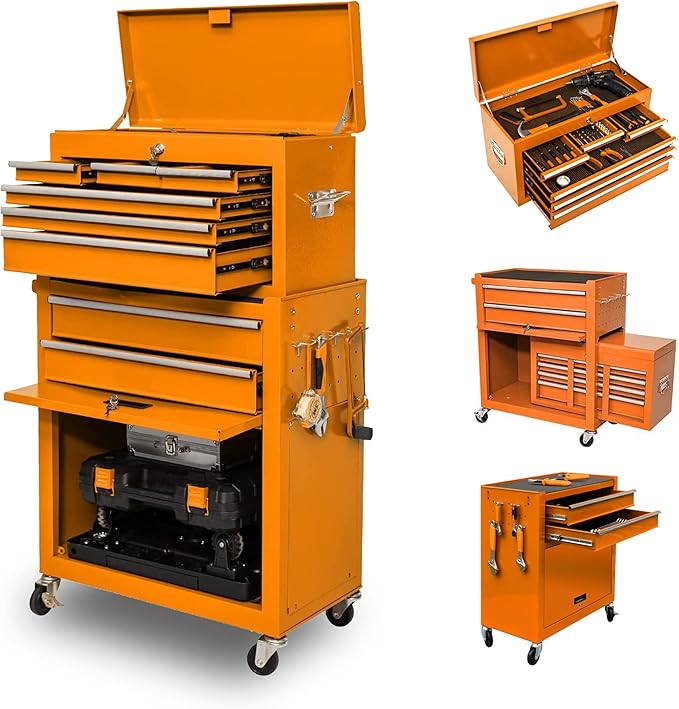 8-Drawer High Capacity Rolling Tool Chest - Big Storage Removable Tool Box w/ Lockable Drawers for Workshop & Garage (Orange)