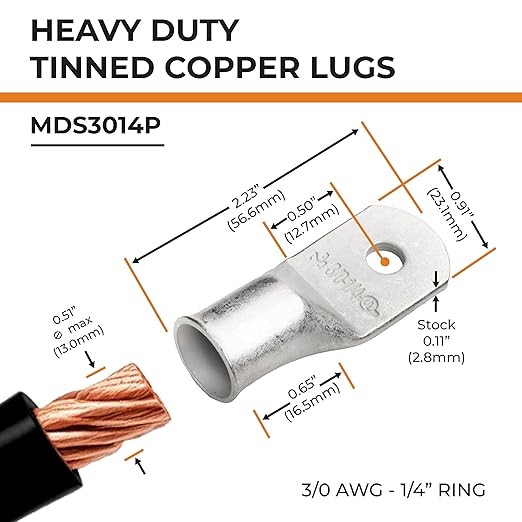 SELTERM 25pcs 3/0 AWG 1/4" Stud Marine Grade Tinned Copper Battery Cable Lugs, 000 Gauge Ring Terminals, UL Wire Lugs Electrical Battery Cable Ends, Tinned Copper Lugs Battery Terminal Connectors