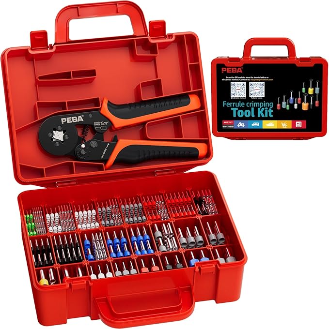PEBA Ferrule Crimping Tool Kit, Square Pliers AWG28-7 & 33 Sizes Ferrules(AWG24-8) for Electrical Wiring/DIY Terminals | Self-Adjusting Ratchet Crimper - Copper Ferrule Kit
