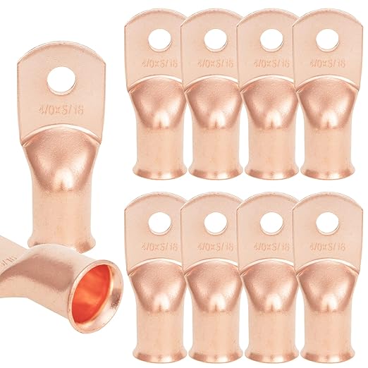 10PCS 4/0AWG - 5/16''Stud Heavy Duty Copper Terminals,Battery Cable Crimp Lugs,Battery Cable Ends,Bare Copper Eyelets Tubular Ring Terminals,Closed End Crimp Electric Connectors