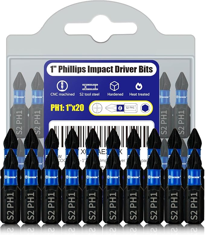 20 Pack Phillips Impact Driver Bits, #1 Phillips Head Magnetic Screwdriver Bits Set, 1 Inch S2 Alloy Steel Impact Bits, 1/4" Hex Shank Screwdriver Drill Bit, CNC Machined ph1 Impact Drill Bits