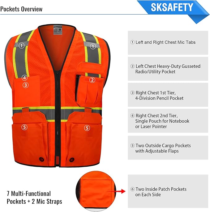SKSAFETY 10 Pockets Professional Safety Vest, Class 2 High Visibility, Orange, 3XL