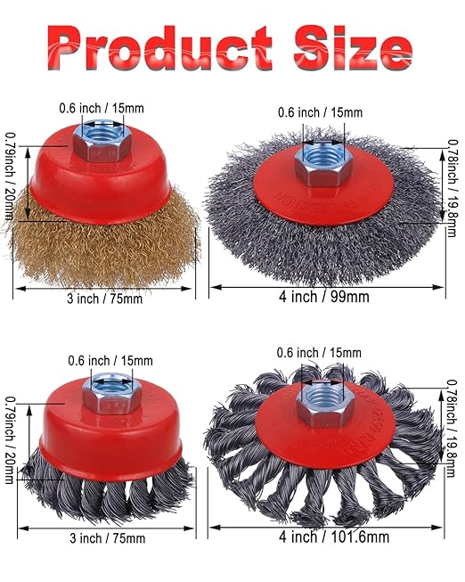 4 Inch Wire Wheel Cup Brush Set, Coarse Twisted Knotted Wire Wheel for Angle Grinder, 5/8 Inch-11 Threaded Arbor, 0.020" Carbon Steel Wire Brush for Grinder, Deep Sanding Heavy Rust, Paint