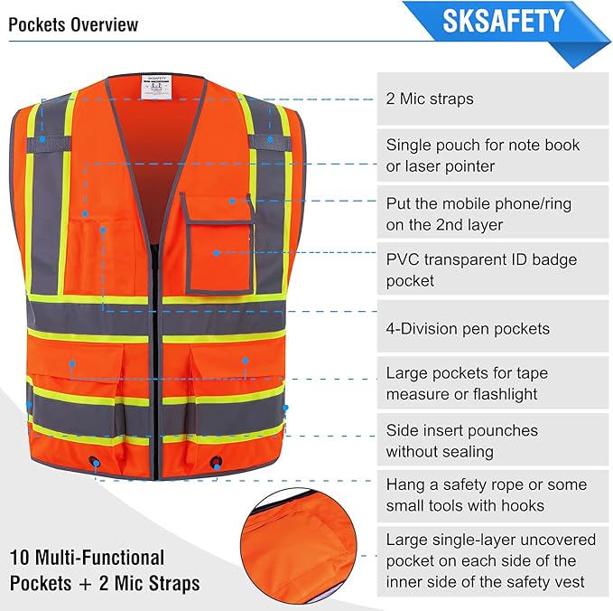 SKSAFETY 10 Pockets Safety Vest, Class 2 High Visibility Security with Zipper, Hi Vis Vest with Reflective Strips, ANSI/ISEA Standard, Construction Work Vest for Men ＆ Women （Orange, XL）