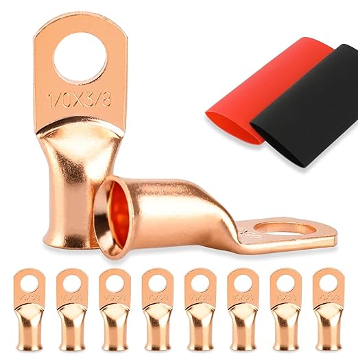 8PCS Battery Cable Ends, 1/0 Gauge Wire Connectors 3/8 Copper Wire Lugs, Bare Copper Eyelets with Heat Shrink Tubing by HOUSUN