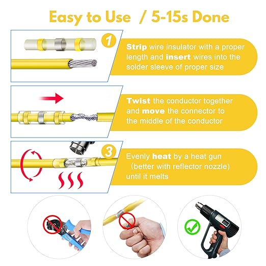 Kuject 150PCS Solder Seal Wire Connectors AWG 12-10, Yellow Solder Seal Heat Shrink Butt Connectors Terminals Solderstick Sleeve Waterproof Wire Splice Connector for Marine Boat Wire Joint