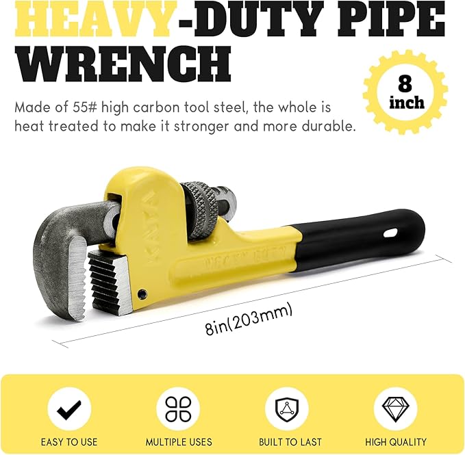 8 Inch Heavy Duty Pipe Wrench, Forged High Carbon Steel Adjustable Wrench with Non-Slip Serrated Jaws, Compact Plumbing Tool for Tight Spaces
