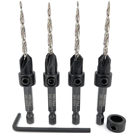 FTG USA Adjustable Wood Countersink Drill Bit Set 4 Pc #6 (9/64") with Tapered Drill Bit for Woodworking