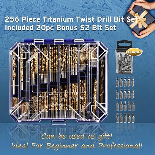 276pc Titanium Twist Drill Bit Set with S2 Bits 135° Tip High Speed Steel, Size from 1/16" up to 1/2", Ideal in Wood Cast Iron Aluminum Alloy Plastic Fiberglass, Clear Lid Case