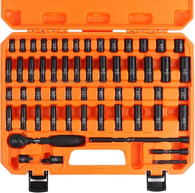 HORUSDY 1/4" Drive Impact Socket Set, 56-Piece Standard SAE (5/32 to 9/16 inch) and Metric (4-15mm) Size, 6 Point, Cr-V, 1/4-Inch Drive Ratchet Handle, Drive Extension Bar, Impact Universal Joint