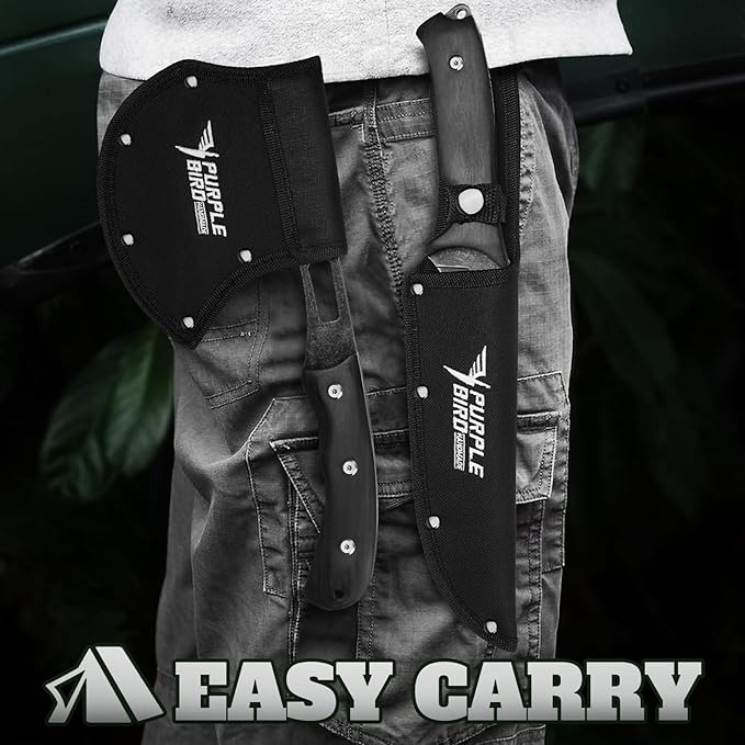 PURPLEBIRD Survival Axe and Fixed Blade Knife Set, Full-Tang Camping Hatchet & Hunting Knife with Leather Sheath, Lightweight Wood Handle Gift Ready