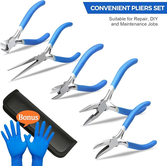 SOONAN 5 Pieces Mini Pliers, Long Lasting Tool Set Cable Cutters, Long Needle Nose, Long Nose, Nipper Bent Nose, End Cutting, Diagonal Cutting, Precision Pliers Set