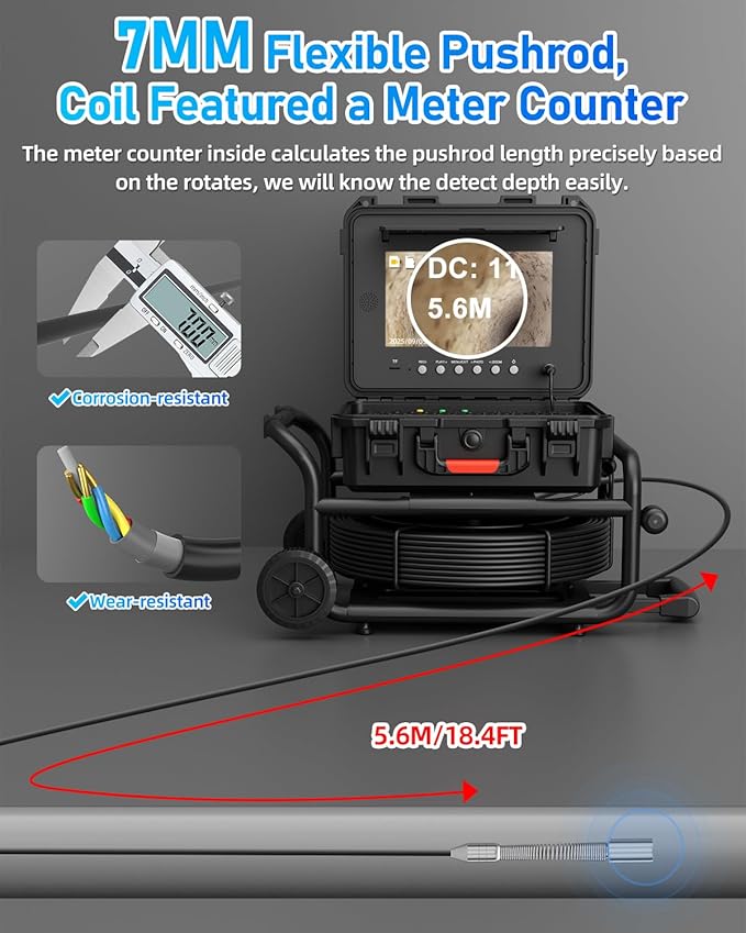 Sanyipace Self-Leveling Sewer Camera 100FT/30M with Wheels and Retractable Handle, Drain Camera with 512Hz Transmitter, Distance Counter, Microphone Speaker Keyboard, 10" Color Screen, 32GB TF Card