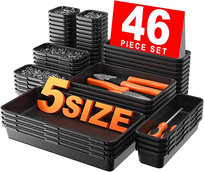 A-LUGEI【𝟰𝟲𝗣𝗖𝗦 & 5 Size】Tool Box Organizer Tray Divider Set, 【Black】 Desk Drawer Organizer, Garage Organization and Storage Toolbox Accessories Rolling Tool Chest Cart Cabinet WorkBench Small Part