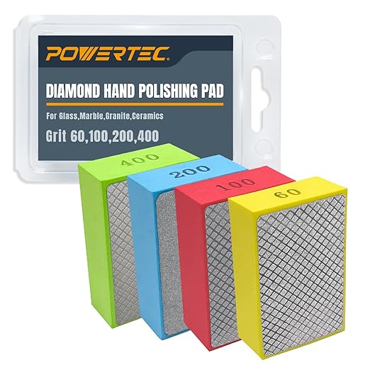 POWERTEC Diamond Hand Polishing Pads Assorted 60/100/ 200/400 Grits 4 Pack, Diamond Sanding Block for Polishing and Grinding Porcelain, Ceramic Tile, Glass, Granite, Stone, Wood & Metal (71907V)