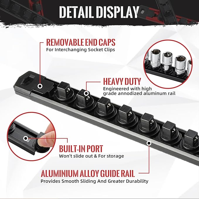 Magnetic Socket Organizer, 1-Piece Heavty Duty Aluminum Socket Holder, Socket Rail for Tool Box, Premium Quality 360° Swivel Socket Rack with 14 Clips for 1/4-Inch(Black)