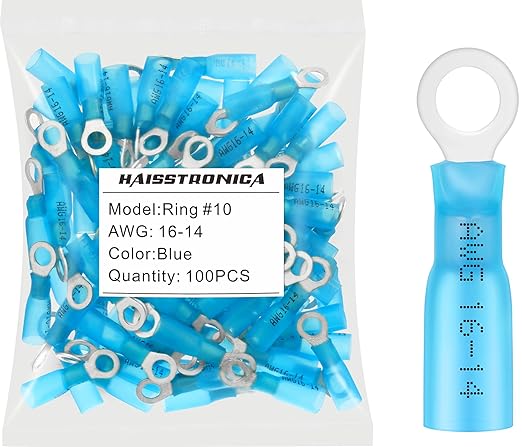 haisstronica 100pcs #10 Blue Marine Grade Heat Shrink Ring Connectors,16-14 Gauge Tinned Red Copper 0.7mm Ring Terminals Connectors,Brazed-Seam Insulated Electrical Crimp Wire Terminals