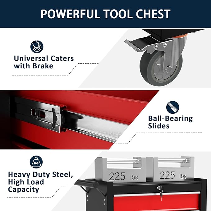 5-Drawer Metal Rolling Tool Chest with Wheels,Tool Storage Cabinet with Locking System，Toolbox with Wheels for Garage, Warehouse, Workshop, Repair Shop (Black&red, 5-Drawer)