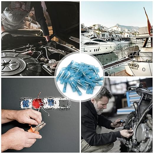 200 Pcs Blue Heat Shrink Butt Connectors, 16-14 AWG Waterproof Electrical Crimp Terminal Splice Wire Connectors for Marine, Automotive, Cable, Wiring
