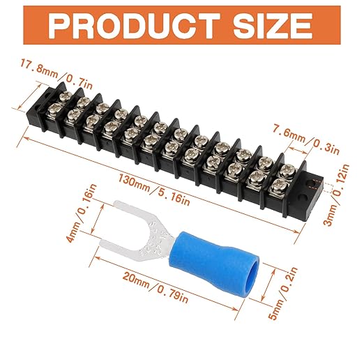 12 Circuits 12 Positions Terminal Block 20-30A 200-450V Dual Row Screw Terminals Strip with 66 PCS Heat Shrink Wire Fork Connectors(Pack of 2pcs)
