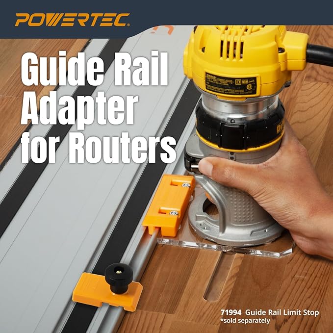 POWERTEC 72019 Router Guide Rail Adapter for DeWalt DWP611 and DCW600B Fixed Base Trim Routers - Compatible with Powertec, Makita, Festool, Milwaukee, Kreg ACS, WEN, Triton, Ridgid Guide Rails