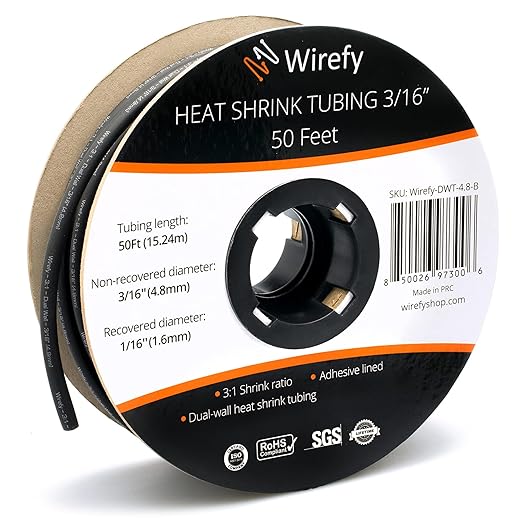 Wirefy 3/16" Heat Shrink Tubing - 3:1 Ratio Heat Shrink Tube - Adhesive Lined Wire Wrap Tubing Kit - Electrical Heatshrink Tubes - Waterproof Industrial Electric Automotive 50ft