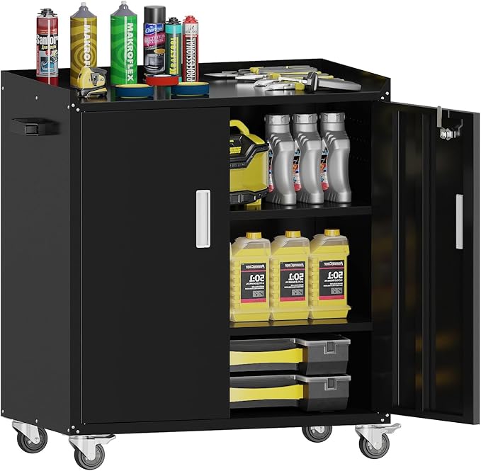 Metal Garage Storage Cabinet with Wheels ，Lockable Rolling Tool Chest on Wheels, Utility Cabinet for Home, Office, Garage and Workshop(Black)