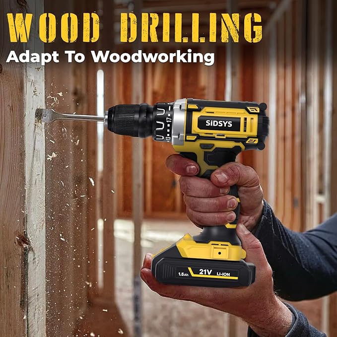 SIDSYS 21V Max Cordless Electric Drill Set, 3/8" Keyless Chuck Power Drill 17+1 Torque, 2 Variable Speed, Built-In LED, Versatile Hand Drills for Wood Drilling/Screw Removal