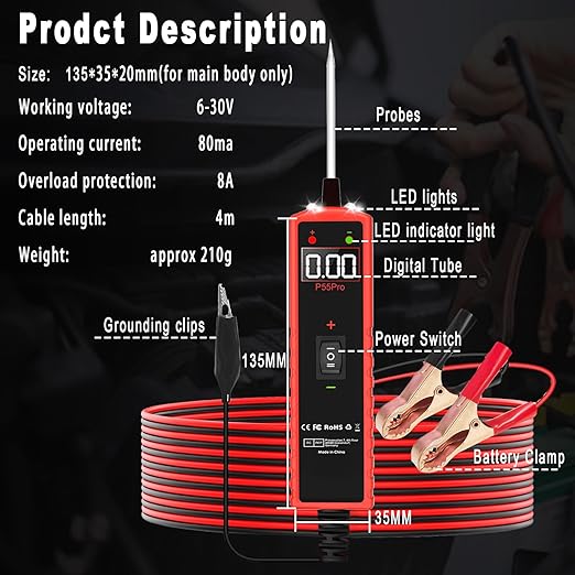 Power Circuit Probe Tester 6V-30V DC Test Light Car Fuse Tester Tool Short Circuit Located Auto Electrical Tester Kit Component Polarity Identify with Overload Protection,P55 Pro Test Probe.