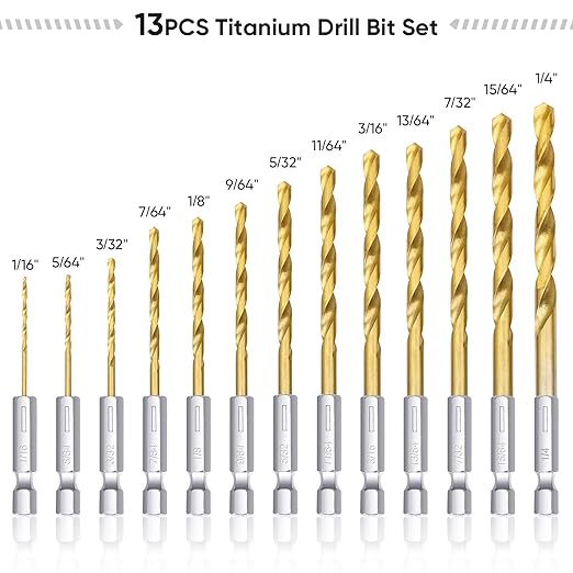 TICONN 13 PCS Titanium Coated Drill Bit Set with Hex Shank, 135 Degree Tip High Speed Steel Drill Bits Kit for Steel, Aluminum, Copper, Soft Alloy Steel Size from 1/16" to 1/4"