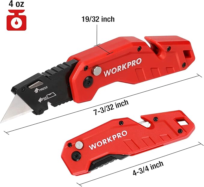 WORKPRO Folding Utility Knife, Quick Change Blade, Lightweight Nylon Handle, Utility Cutter with 10-piece Extra Blades