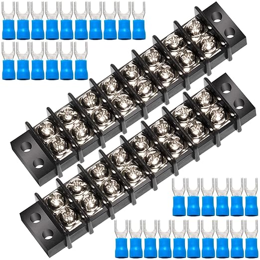 MILAPEAK Terminal Block - 2 Pack 8 Positions 200v-450v 20-30A Dual Row Screw Terminals Strip + 32 PCS Copper Wire Fork Connectors